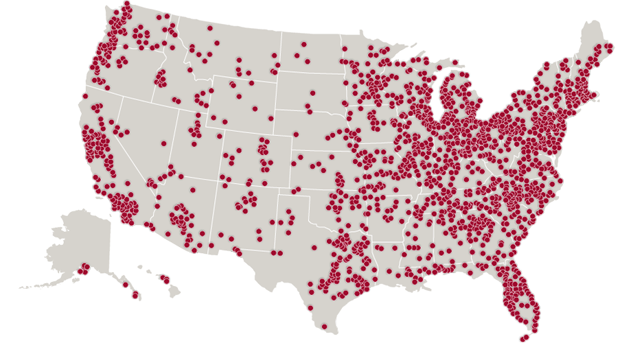 map of the United States with dots indicating MRHFM claims and settlements across the country